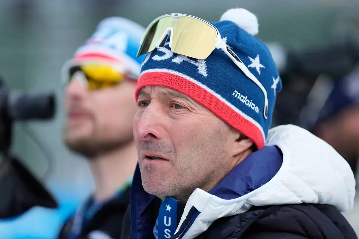 Armin Auchentaller, United States head biathlon coach, watches a training session at the 2026 Winter Olympics in Anterselva, Italy, Saturday, Feb. 7, 2026. (AP Photo/Mosa'ab Elshamy)
