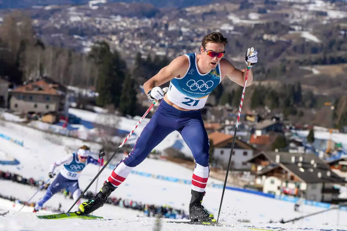 John Steel Hagenbuch, of the United States, competes in the cross country skiing men's 10km interval start free at the 2026 Winter Olympics, in Tesero, Italy, Friday, Feb. 13, 2026. (AP Photo/Kirsty Wigglesworth)
