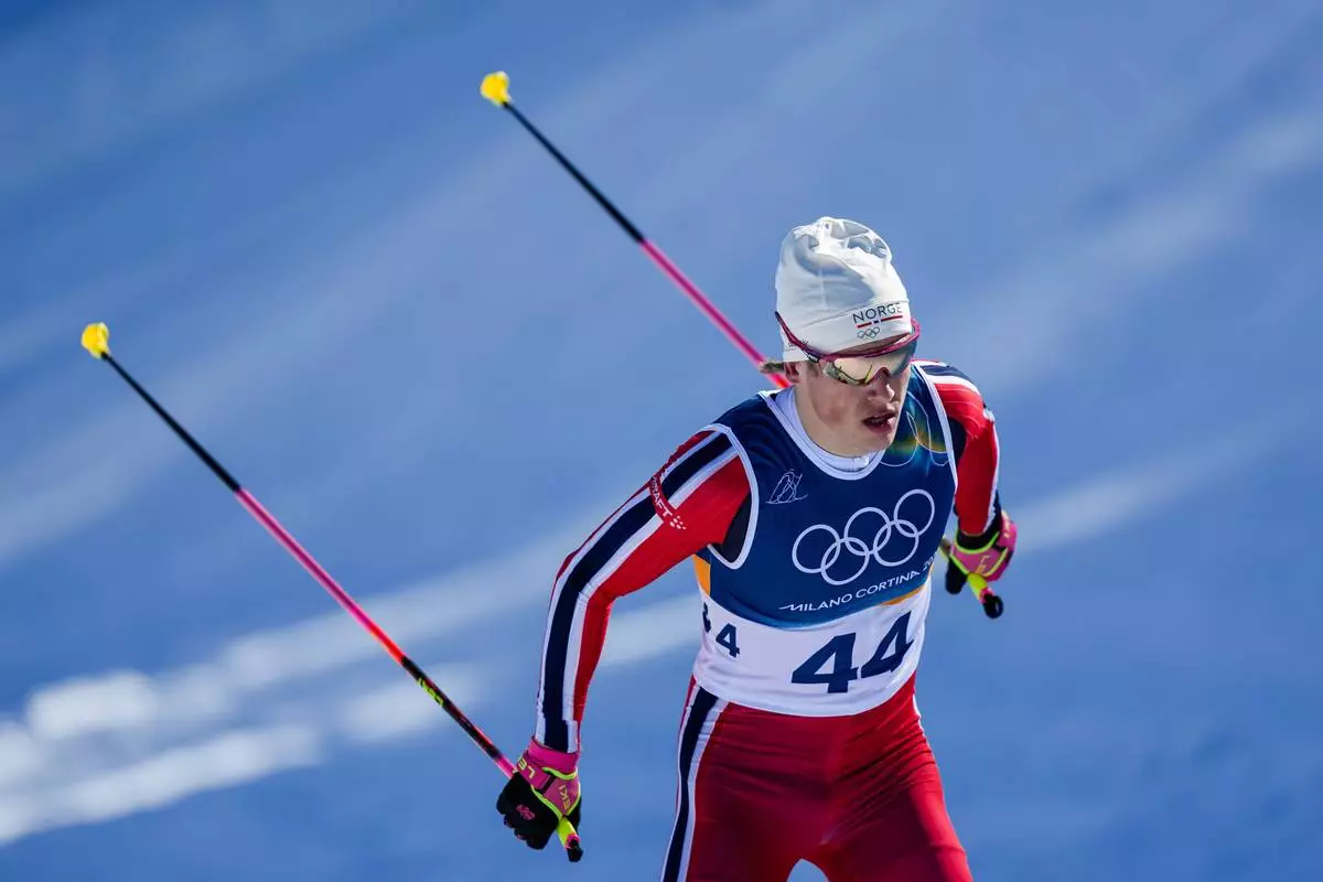 Johannes Hoesflot Klaebo, of Norway, competes in the cross country skiing men's 10km interval start free at the 2026 Winter Olympics, in Tesero, Italy, Friday, Feb. 13, 2026. (AP Photo/Matthias Schrader)