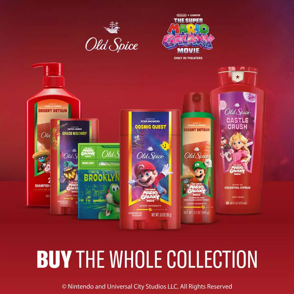 The new, limited-edition, Old Spice and The Super Mario Galaxy Movie Collection, celebrating the new Nintendo and Illumination action-comedy movie event.