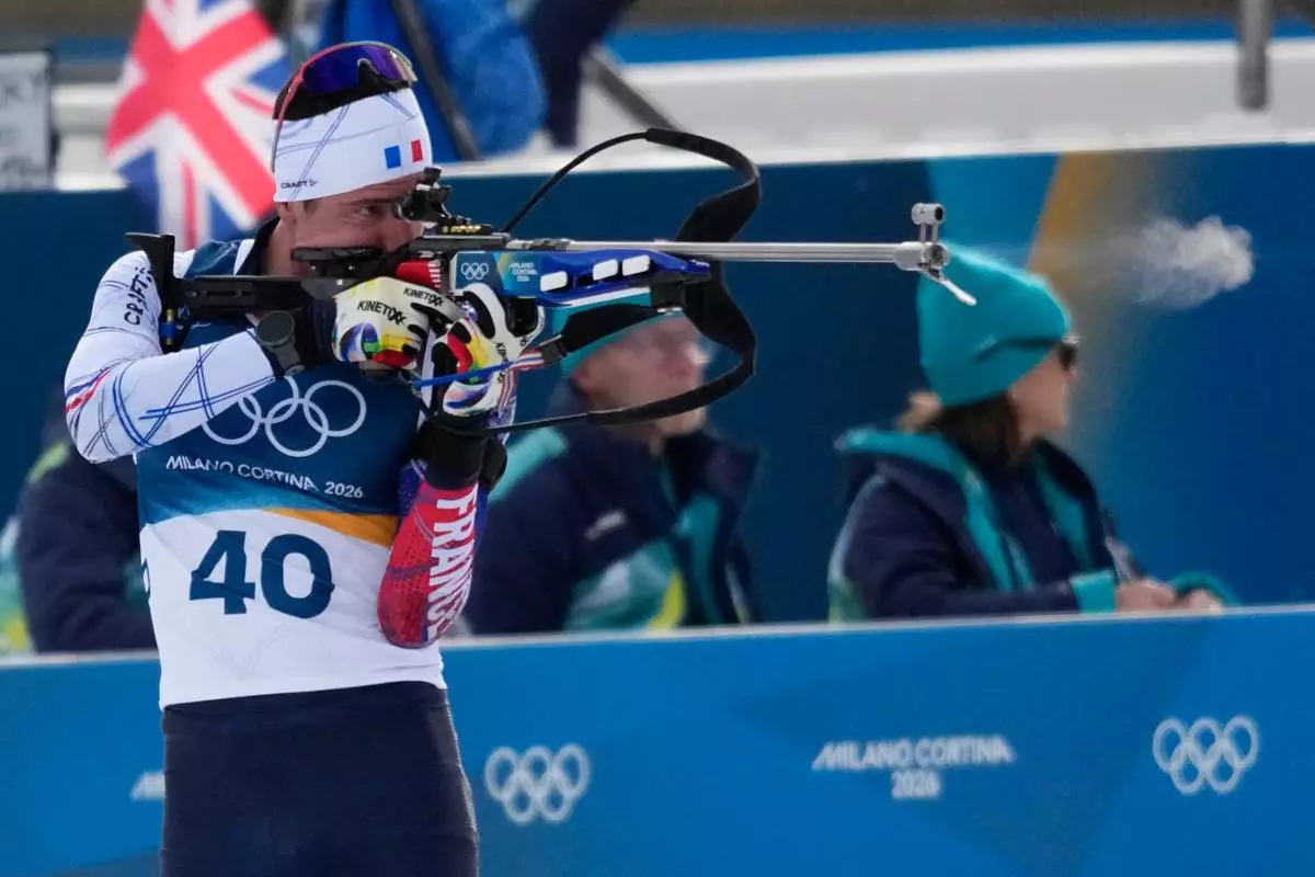 Quentin Fillon Maillet, of France, competes during the men's 10-kilometer sprint biathlon race at the 2026 Winter Olympics in Anterselva, Italy, Friday, Feb. 13, 2026. (AP Photo/Bernat Armangue)