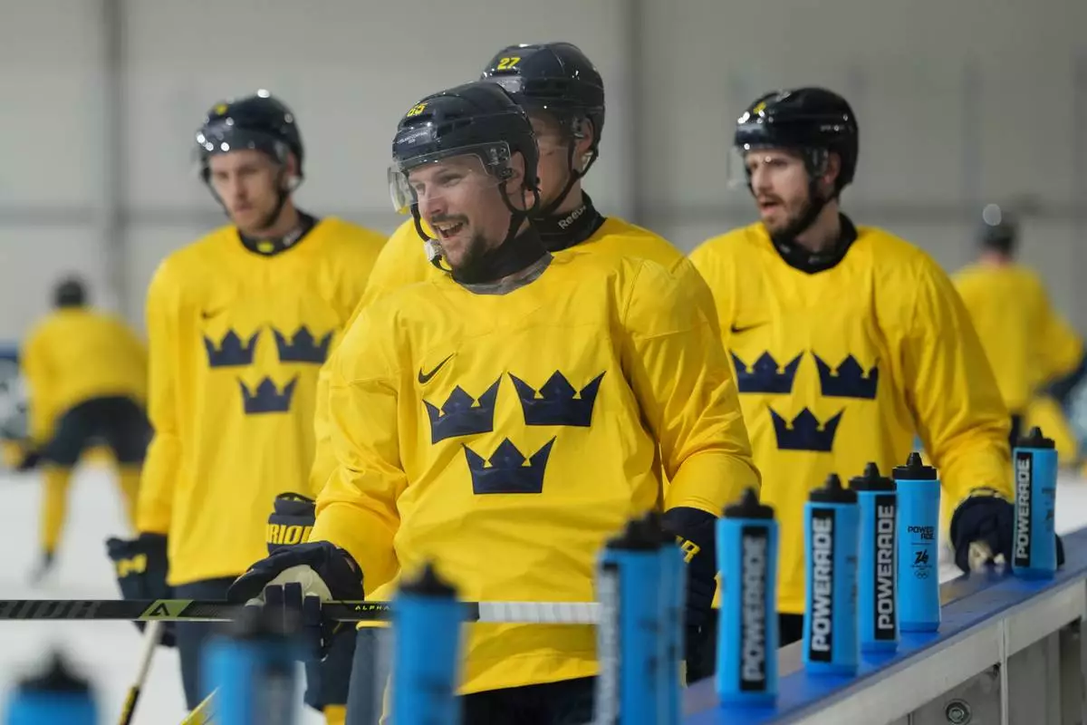Sweden's Erik Karlsson during men's ice hockey practice at the 2026 Winter Olympics, in Milan, Italy, Sunday, Feb. 8, 2026. (AP Photo/Carolyn Kaster)