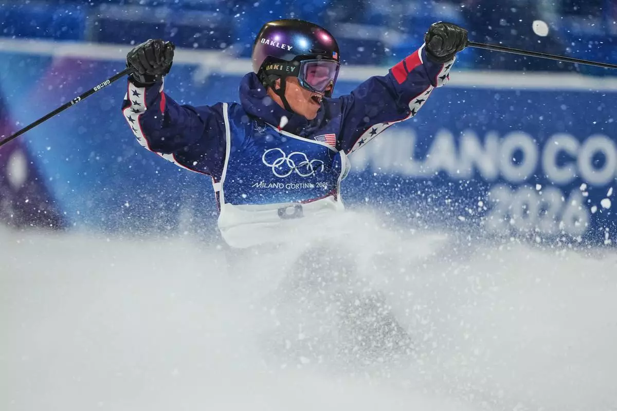 United States' Mac Forehand celebrates during the men's freestyle skiing big air finals at the 2026 Winter Olympics, in Livigno, Italy, Tuesday, Feb. 17, 2026. (AP Photo/Lindsey Wasson)