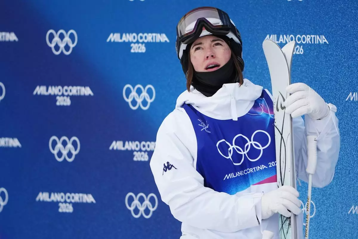 United States' Jaelin Kauf looks on during the women's freestyle skiing moguls qualifications at the 2026 Winter Olympics, in Livigno, Italy, Tuesday, Feb. 10, 2026. (AP Photo/Lindsey Wasson)