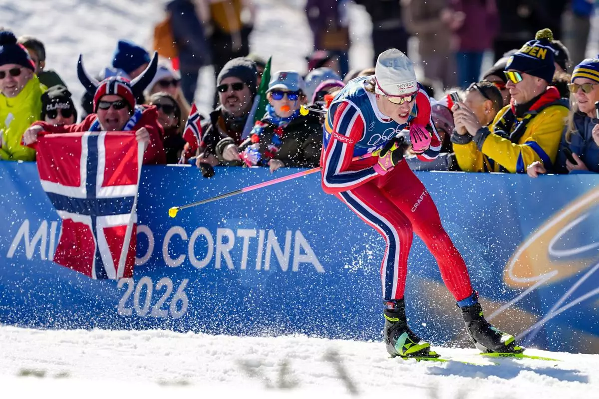 Johannes Hoesflot Klaebo, of Norway, competes in the cross country skiing men's 4 x 7.5km relay at the 2026 Winter Olympics, in Tesero, Italy, Sunday, Feb. 15, 2026. (AP Photo/Matthias Schrader)