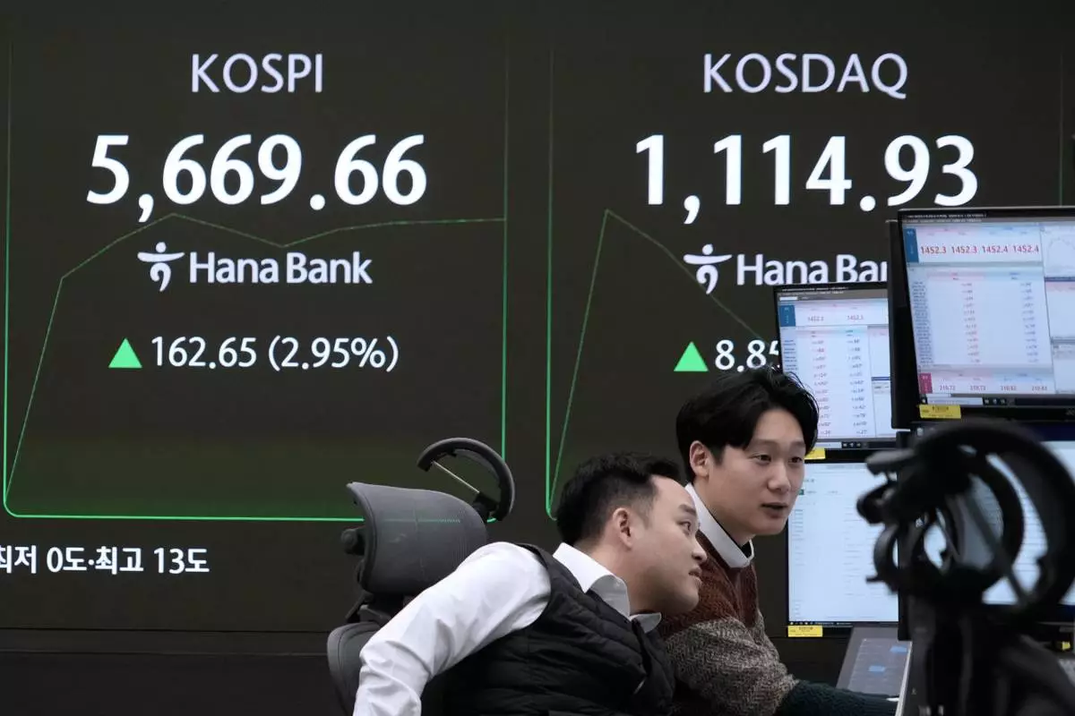 Currency traders watch monitors near a screen showing the Korea Composite Stock Price Index (KOSPI), left, at the foreign exchange dealing room of the Hana Bank headquarters, in Seoul, South Korea, Thursday, Feb. 19, 2026. (AP Photo/Ahn Young-joon)