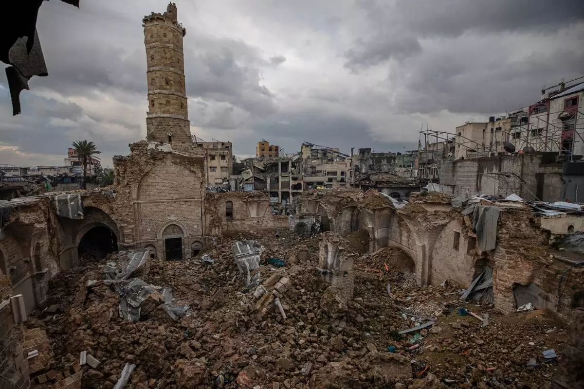 A view of the Great Omari Mosque in Gaza City after it was damaged by an Israeli strike during the war with Hamas, Wednesday. Feb. 12, 2025. (AP Photo/Jehad Alshrafi)