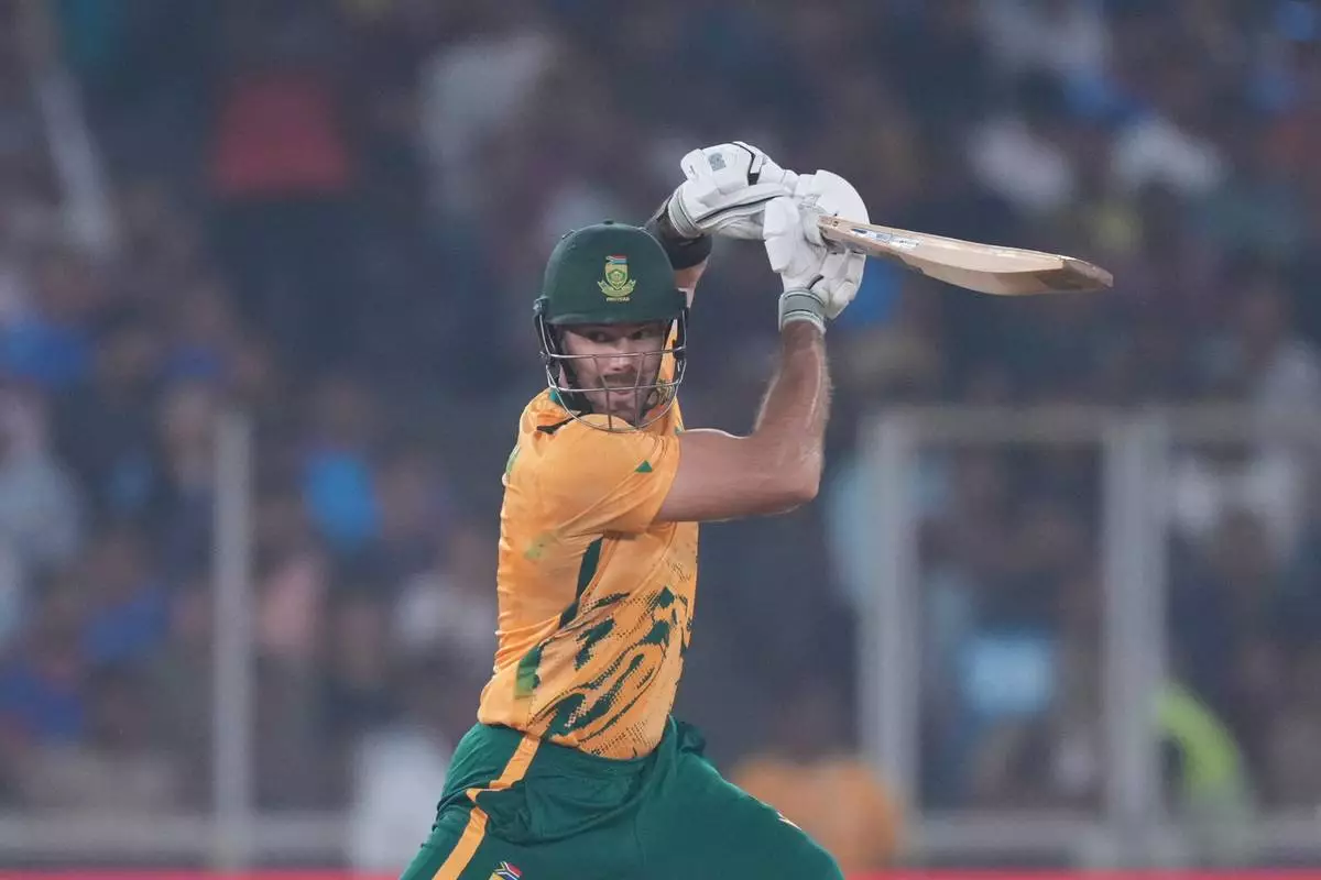 South Africa's captain Aiden Markram plays a shot during the T20 World Cup cricket match between South Africa and New Zealand in Ahmedabad , India, Saturday, Feb.14, 2026. (AP Photo/ Ajit Solanki)