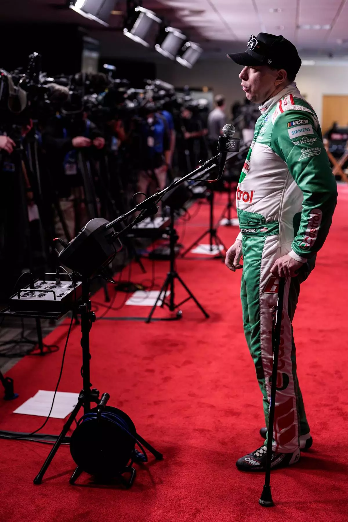 Brad Keselowski speaks during a NASCAR Daytona 500 media day, Wednesday, Feb. 11, 2026, in Daytona, Fla. (AP Photo/Mike Stewart)