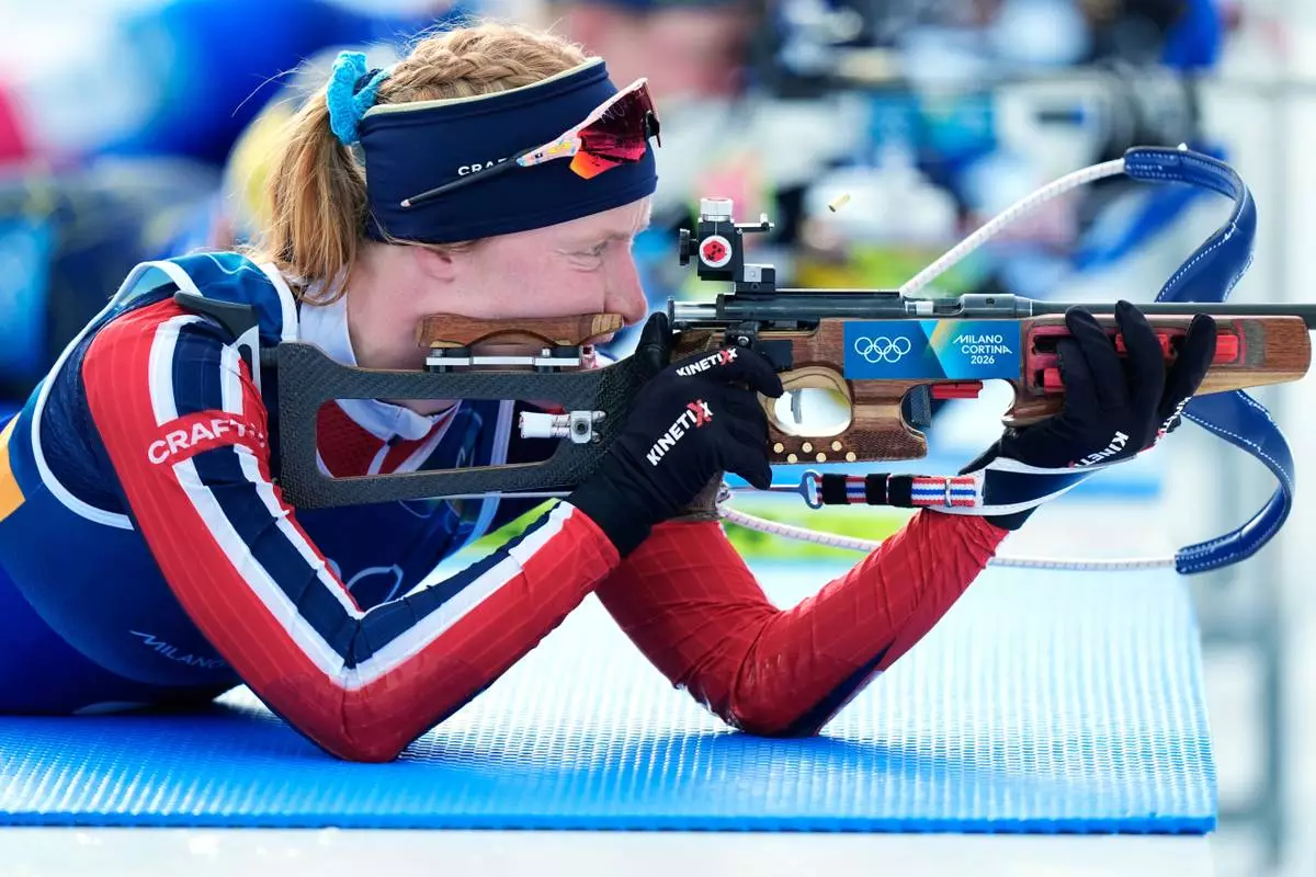 Maren Kirkeeide, of Norway, competes in the women's 4x6-kilometer relay biathlon race at the 2026 Winter Olympics in Anterselva, Italy, Wednesday, Feb. 18, 2026. (AP Photo/Andrew Medichini)