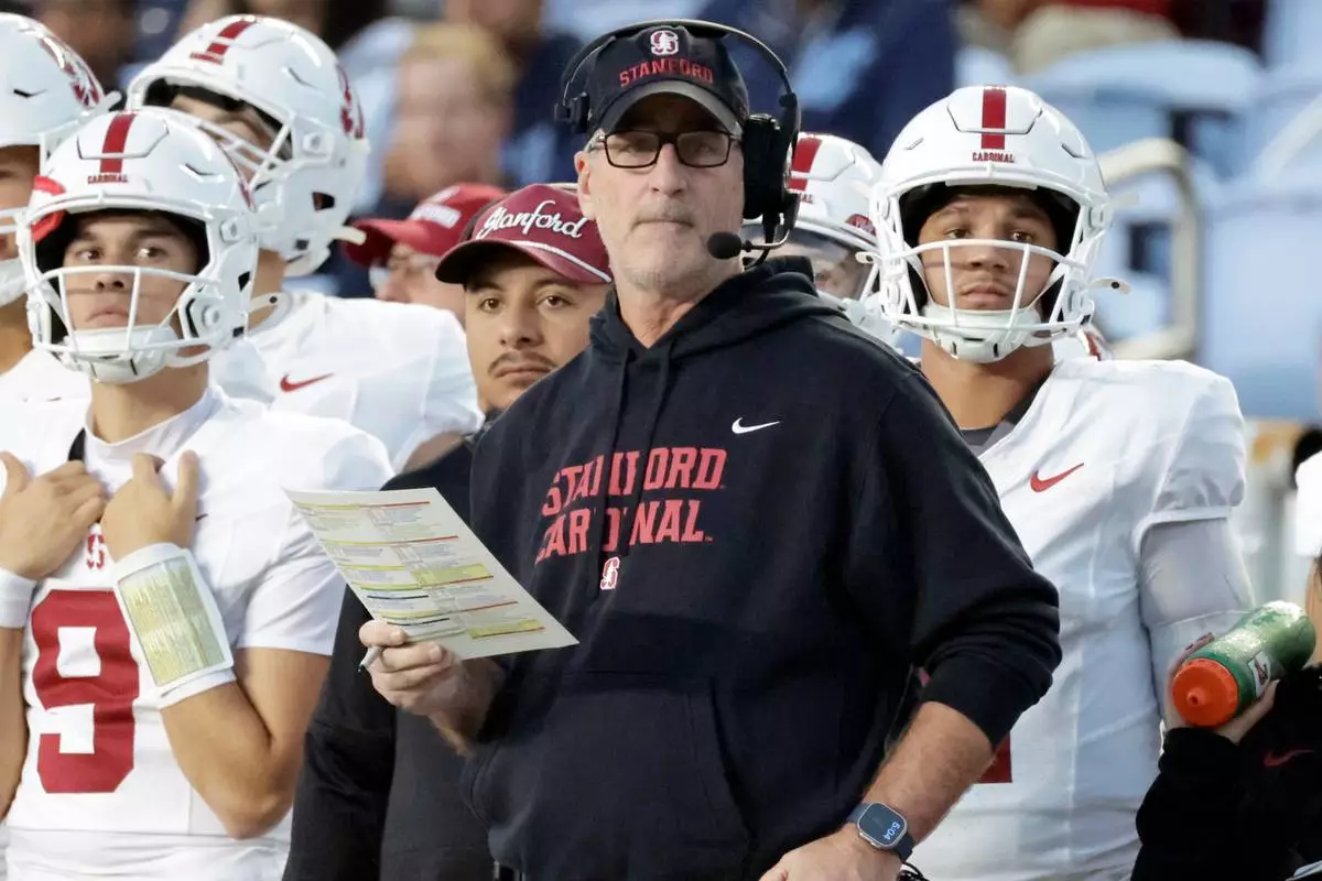 FILE - Stanford head coach Frank Reich watches during the first half of an NCAA college football game against North Carolina, Nov. 8, 2025, in Chapel Hill, N.C. (AP Photo/Chris Seward, File)