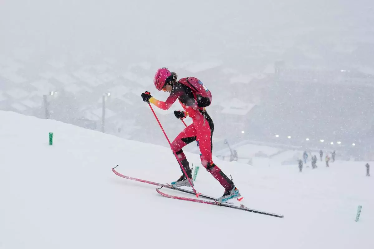 Spain's Ana Alonso Rodriguez competes during a ski mountaineering women's sprint heat, at the 2026 Winter Olympics, in Bormio, Italy, Thursday, Feb. 19, 2026. (AP Photo/John Locher)