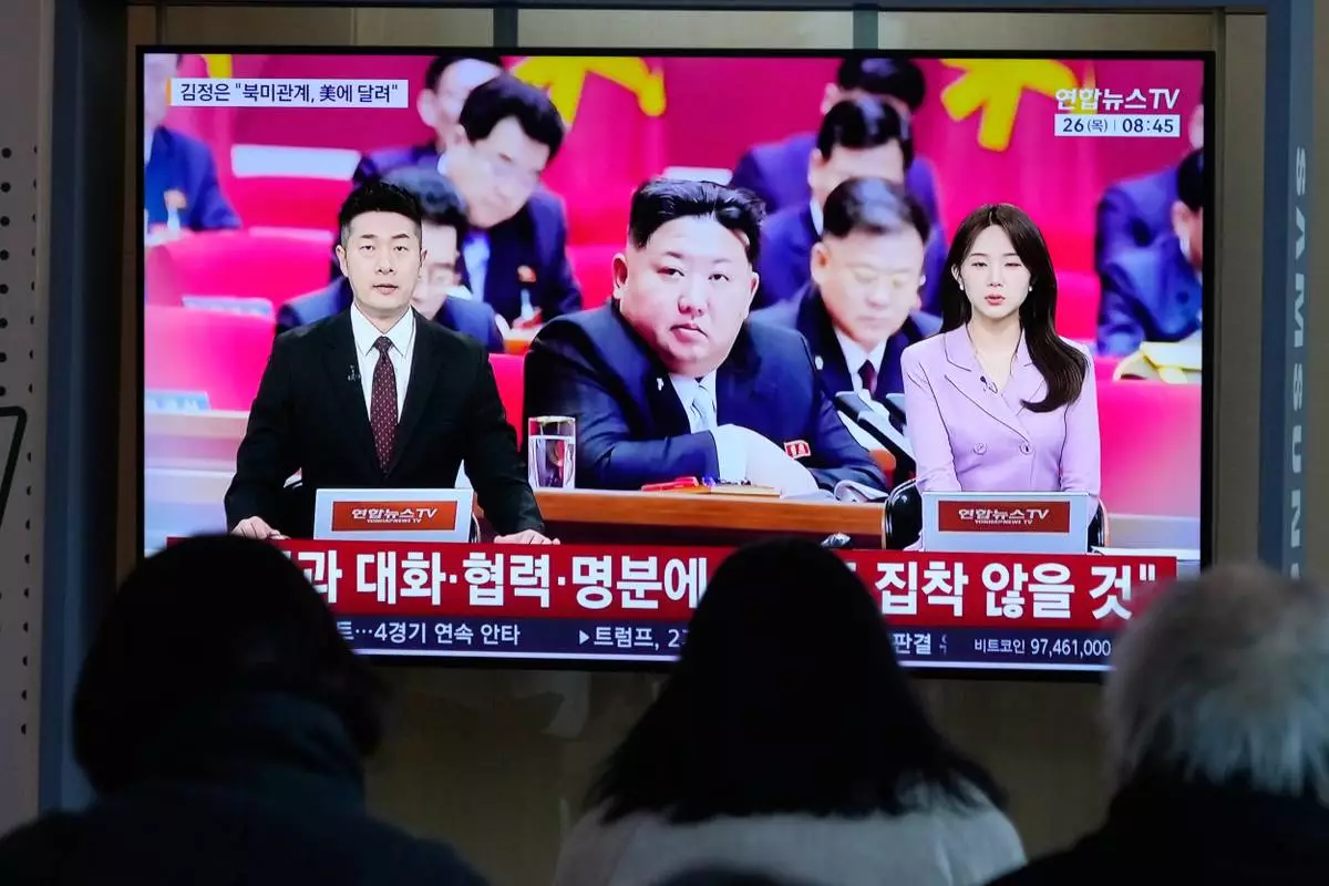 A TV screen shows a file image of North Korean leader Kim Jong Un during a news program at Seoul Railway Station in Seoul, South Korea, Thursday, Feb. 26, 2026. (AP Photo/Ahn Young-joon)