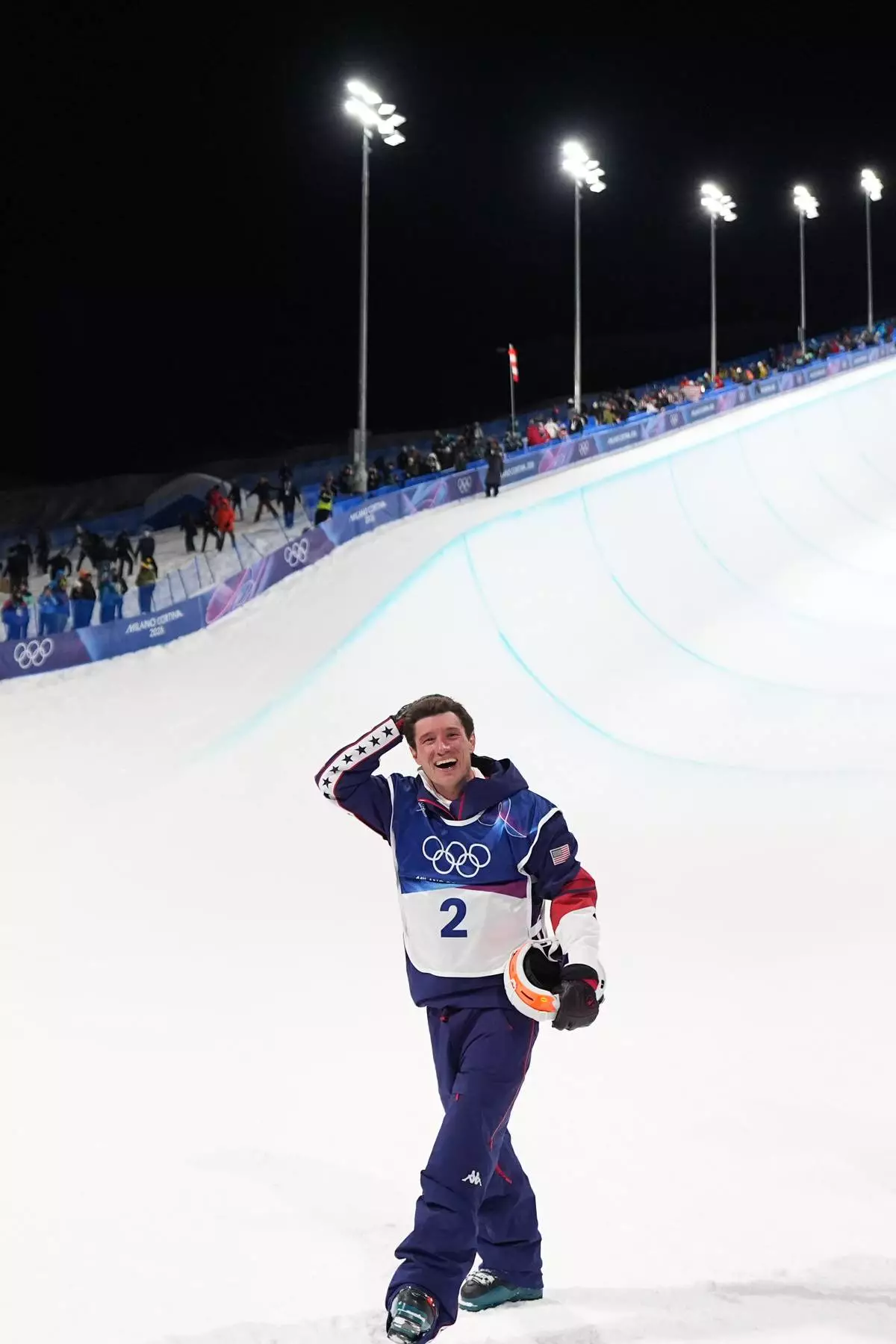 Gold medalist United States' Alex Ferreira celebrates winning the men's freestyle skiing halfpipe finals at the 2026 Winter Olympics, in Livigno, Italy, Friday, Feb. 20, 2026. (AP Photo/Abbie Parr)