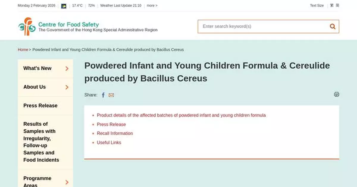 CFS Confirms Five More Infant Formula Samples Contaminated with Bacillus cereus Toxin Amid Ongoing Global Recall.