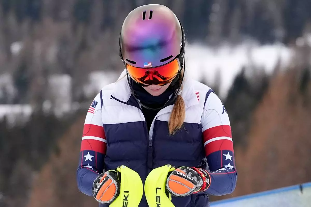 United States' Mikaela Shiffrin concentrates ahead of an alpine ski, women's slalom portion of a team combined race, at the 2026 Winter Olympics, in Cortina d'Ampezzo, Italy, Tuesday, Feb. 10, 2026. (AP Photo/Jacquelyn Martin)