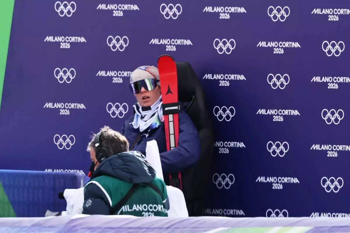 United States' Breezy Johnson after completing an alpine ski, downhill portion of a women's team combined race, at the 2026 Winter Olympics, in Cortina d'Ampezzo, Italy, Tuesday, Feb. 10, 2026. (AP Photo/Marco Trovati)