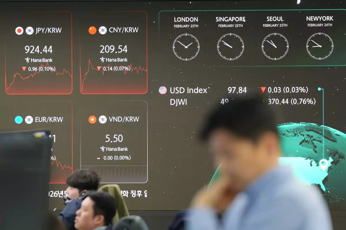 Dealers watch computer monitors near the screens showing the foreign exchange rates at a dealing room of Hana Bank in Seoul, South Korea, Wednesday, Feb. 25, 2026. (AP Photo/Lee Jin-man)