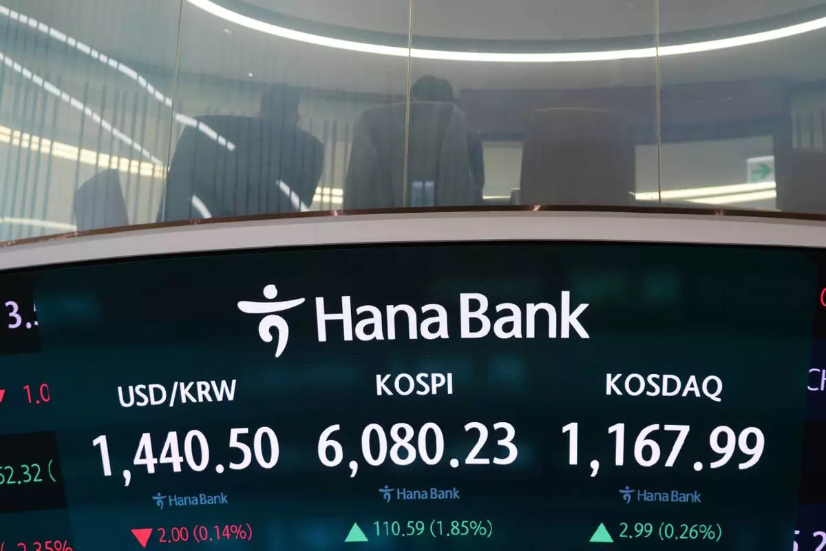 People sit on the chairs near the screens showing the Korea Composite Stock Price Index (KOSPI), center, the foreign exchange rate between U.S. dollar and South Korean won, left, and the Korean Securities Dealers Automated Quotations (KOSDAQ) at a dealing room of Hana Bank in Seoul, South Korea, Wednesday, Feb. 25, 2026. (AP Photo/Lee Jin-man)