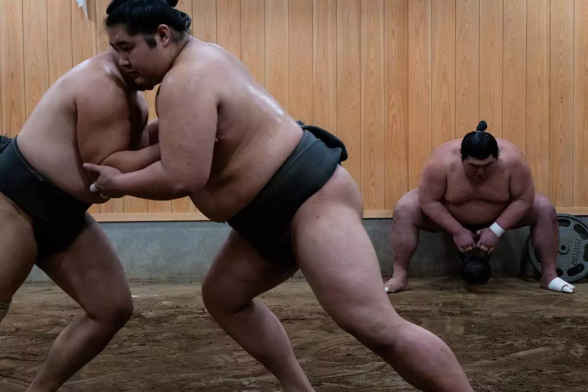 FILE - Sumo wrestlers train during a morning practice at Ajigawa stable in Tokyo, Feb. 4, 2026. (AP Photo/Louise Delmotte, File)