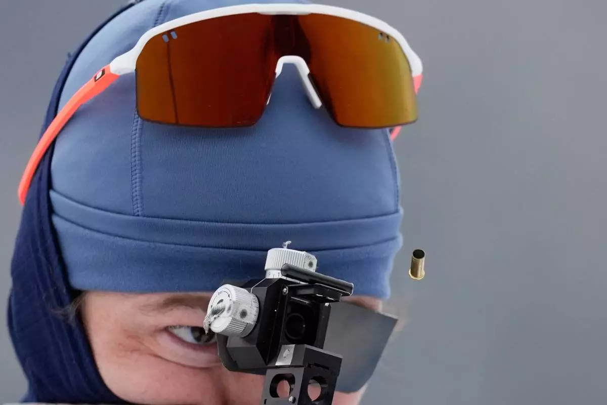 Sturla Holm Laegreid, of Norway, participates in a biathlon training session at the 2026 Winter Olympics in Anterselva, Italy, Monday, Feb. 16, 2026. (AP Photo/Mosa'ab Elshamy)