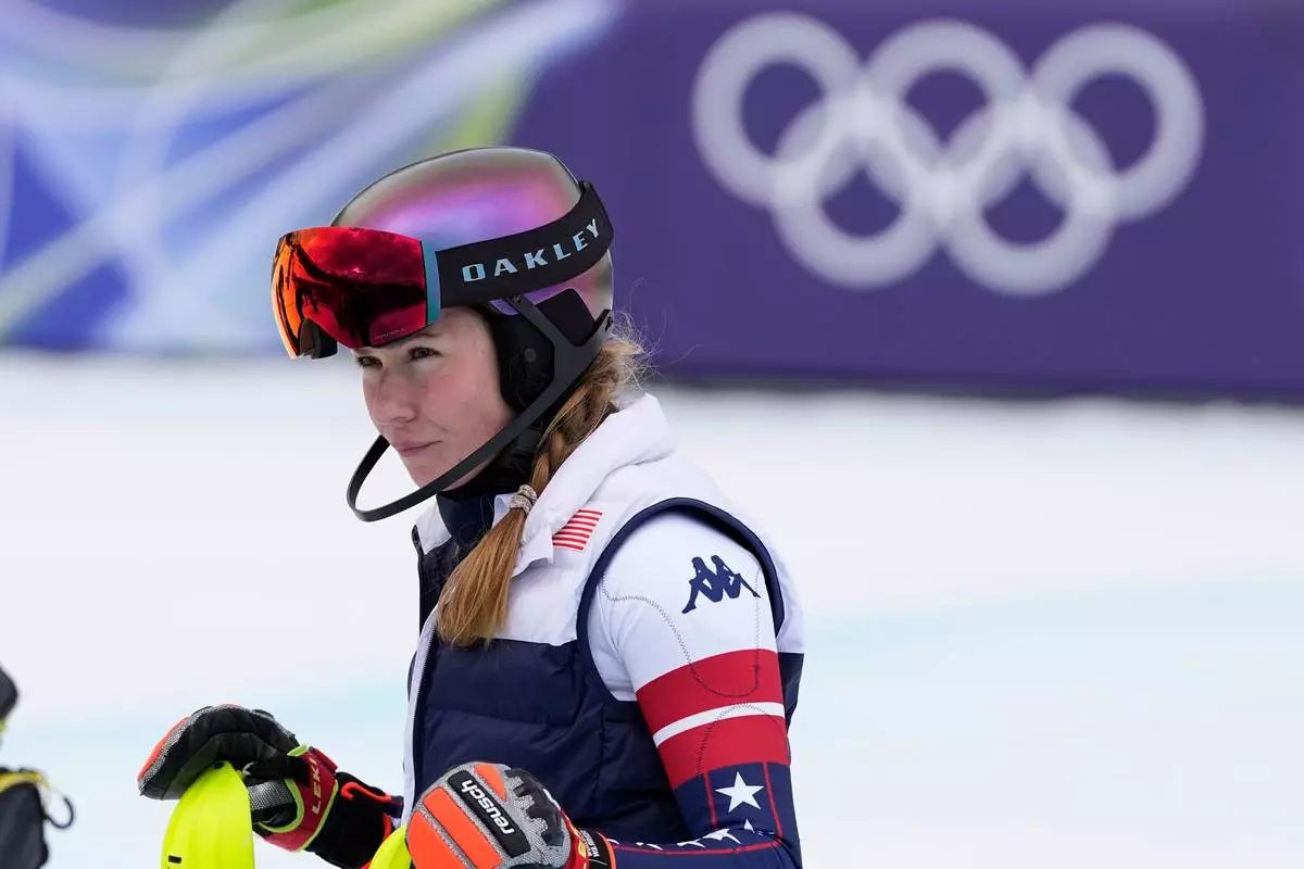 United States' Mikaela Shiffrin is seen ahead of the slalom portion of an alpine ski, women's team combined race, at the 2026 Winter Olympics, in Cortina d'Ampezzo, Italy, Tuesday, Feb. 10, 2026. (AP Photo/Andy Wong)