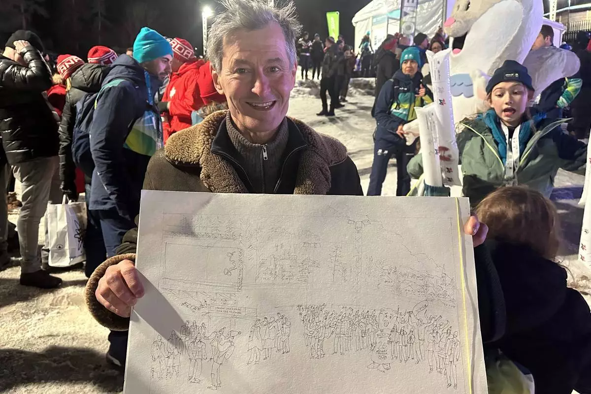 French artist Marc Ahr displays his artwork after drawing the scene at the women’s singles luge event, during the 2026 Winter Olympics, in Cortina d'Ampezzo, Italy, Monday, Feb. 9, 2026. (AP Photo/Jennifer McDermott)
