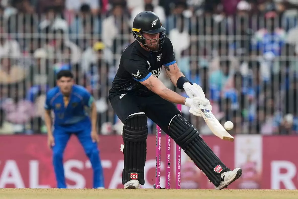 New Zealand's Finn Allen plays a shot during the T20 World Cup cricket match between New Zealand and United Arab Emirates in Chennai, India, Tuesday, Feb. 10, 2026. (AP Photo/Mahesh Kumar A.)