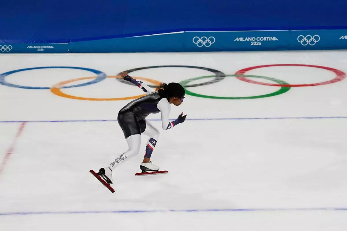 United States' Erin Jackson warms up during a speedskating training session at the 2026 Winter Olympics, in Milan, Italy, Thursday, Feb. 5, 2026. (AP Photo/Lee Jin-man)