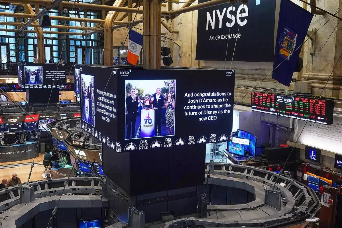 Video screens above trading posts the floor of the New York Stock Exchange display a congratulatory message to Disney parks chief Josh D'Amaro named as its next CEO, succeeding Bob Iger, Tuesday, Feb. 3, 2026. (AP Photo/Richard Drew)
