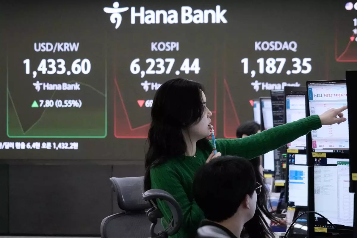 A currency trader watches a monitor near a screen showing the Korea Composite Stock Price Index (KOSPI), top center, and the foreign exchange rate between U.S. dollar and South Korean won, top left, at the foreign exchange dealing room of the Hana Bank headquarters, in Seoul, South Korea, Friday, Feb. 27, 2026. (AP Photo/Ahn Young-joon)
