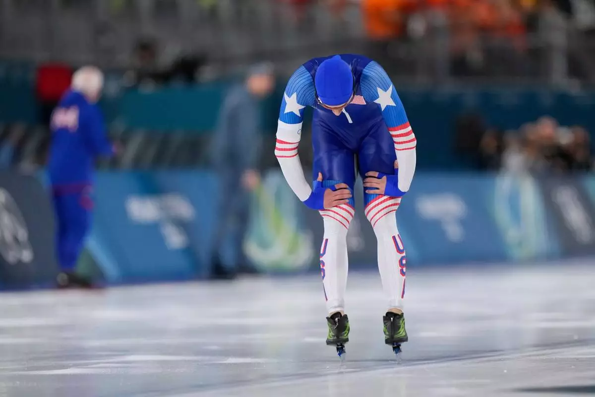 Jordan Stolz of the U.S. took a silver medal in the men's 1500 meters speedskating race at the 2026 Winter Olympics, in Milan, Italy, Thursday, Feb. 19, 2026. (AP Photo/Luca Bruno)