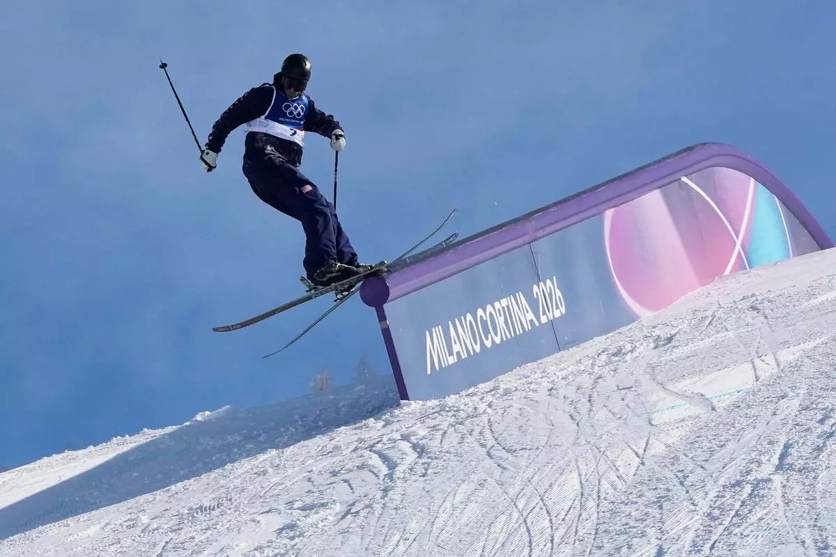 United States' Alex Hall practices during a freestyle skiing slopestyle training session at the 2026 Winter Olympics, in Livigno, Italy, Thursday, Feb. 5, 2026. (AP Photo/Lindsey Wasson)