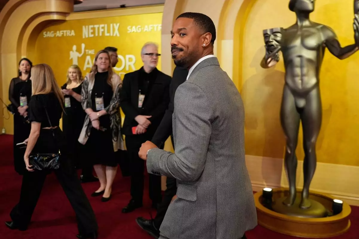 Michael B. Jordan arrives at the 32nd Annual Actor Awards on Sunday, March 1, 2026, at the Shrine Auditorium and Expo Hall in Los Angeles. (AP Photo/Chris Pizzello)