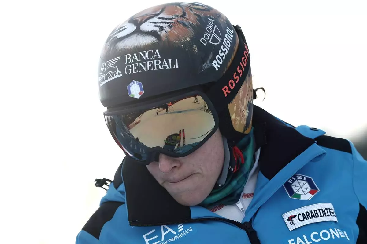 Italy's Federica Brignone on the course ahead of a women's World Cup super-G race, in Soldeu, Andorra, Saturday, Feb. 28, 2026. (AP Photo/Gabriele Facciotti)