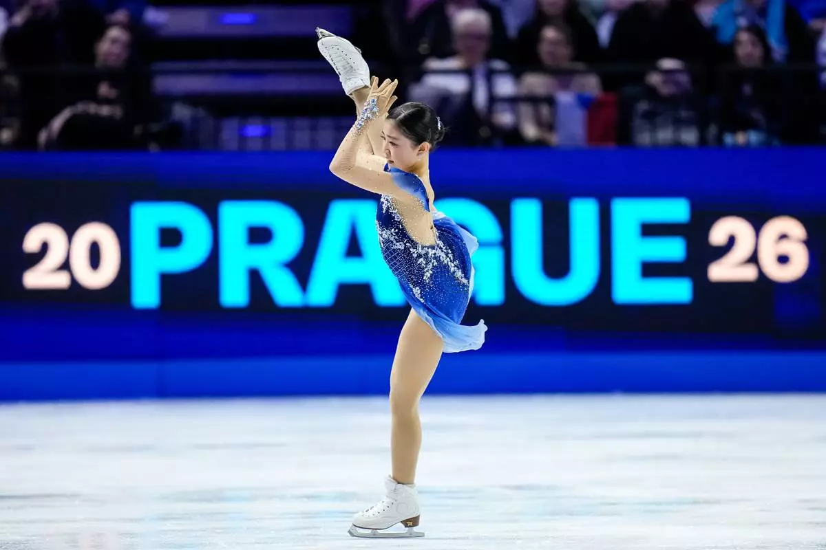 Mone Chiba from Japan competes during the women free skating at the Figure Skating World Championships in Prague, Czech Republic, Friday, March 27, 2026. (AP Photo/Petr David Josek)