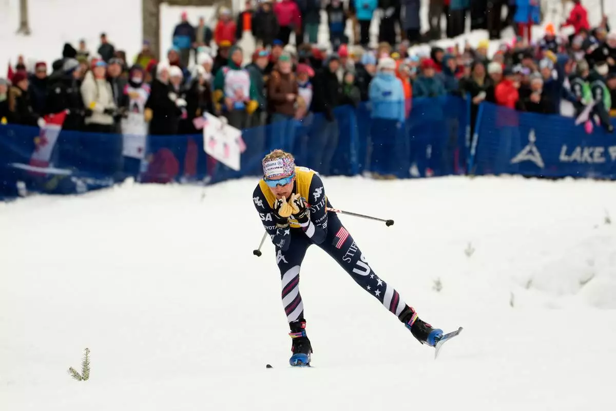 United States' Jessie Diggins competes during the women's World Cup Finals Sprint Free cross country skiing race Saturday, March 21, 2026, in Lake Placid, N.Y. (AP Photo/Robert F. Bukaty)