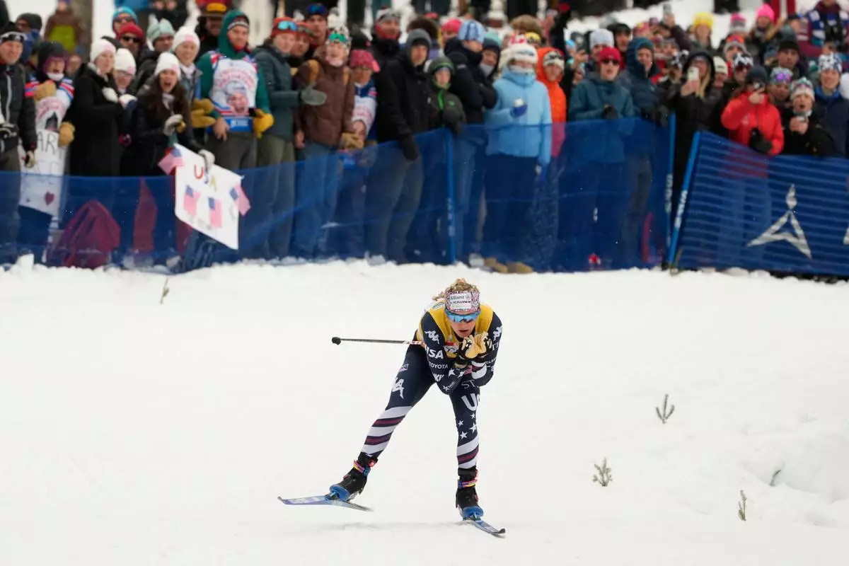 United States' Jessie Diggins competes during the women's World Cup Finals Sprint Free cross country skiing race Saturday, March 21, 2026, in Lake Placid, N.Y. (AP Photo/Robert F. Bukaty)