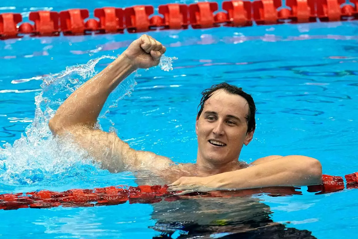 FILE - Cameron McEvoy, of Australia, celebrates after winning the men's 50-meter freestyle final at the World Swimming Championships in Fukuoka, Japan, July 29, 2023. (AP Photo/David J. Phillip, File)
