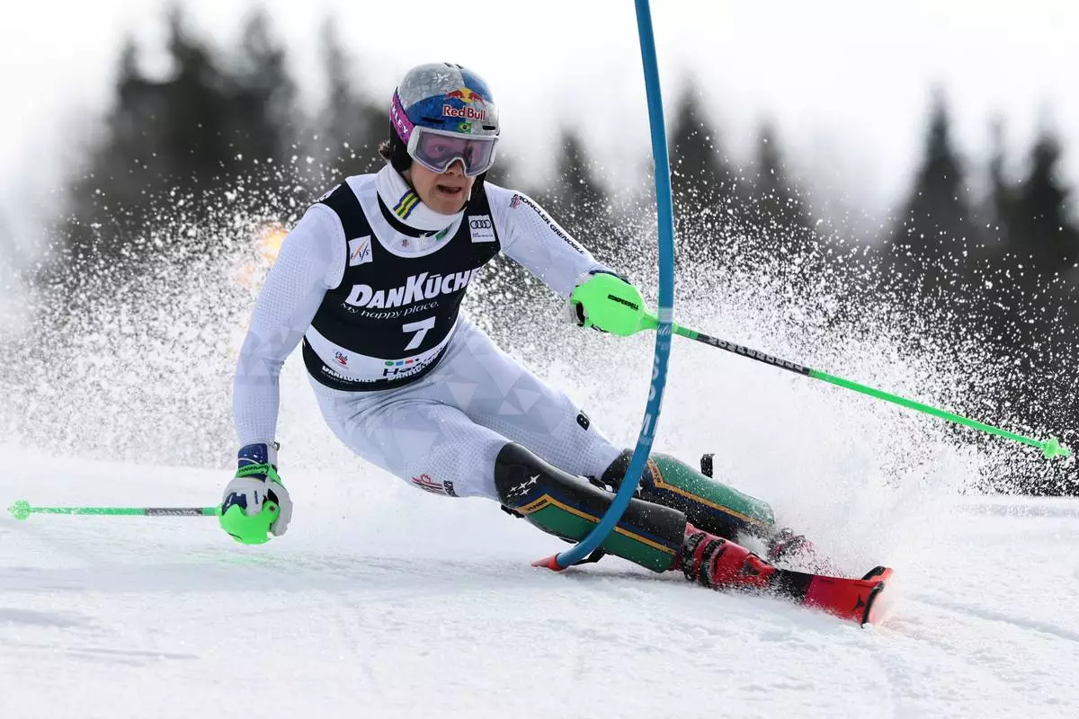 Brazil's Lucas Pinheiro Braathen competes in an alpine ski, men's slalom race, at the Lillehammer World Cup Finals, in Hafjell, Norway, Wednesday, March 25, 2026. (AP Photo/Marco Trovati)