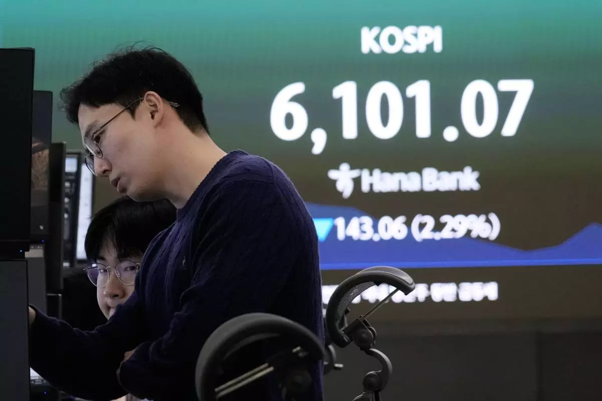 Currency traders watch monitors near a screen showing the Korea Composite Stock Price Index (KOSPI) at the foreign exchange dealing room of the Hana Bank headquarters in Seoul, South Korea, Tuesday, March 3, 2026. (AP Photo/Ahn Young-joon)