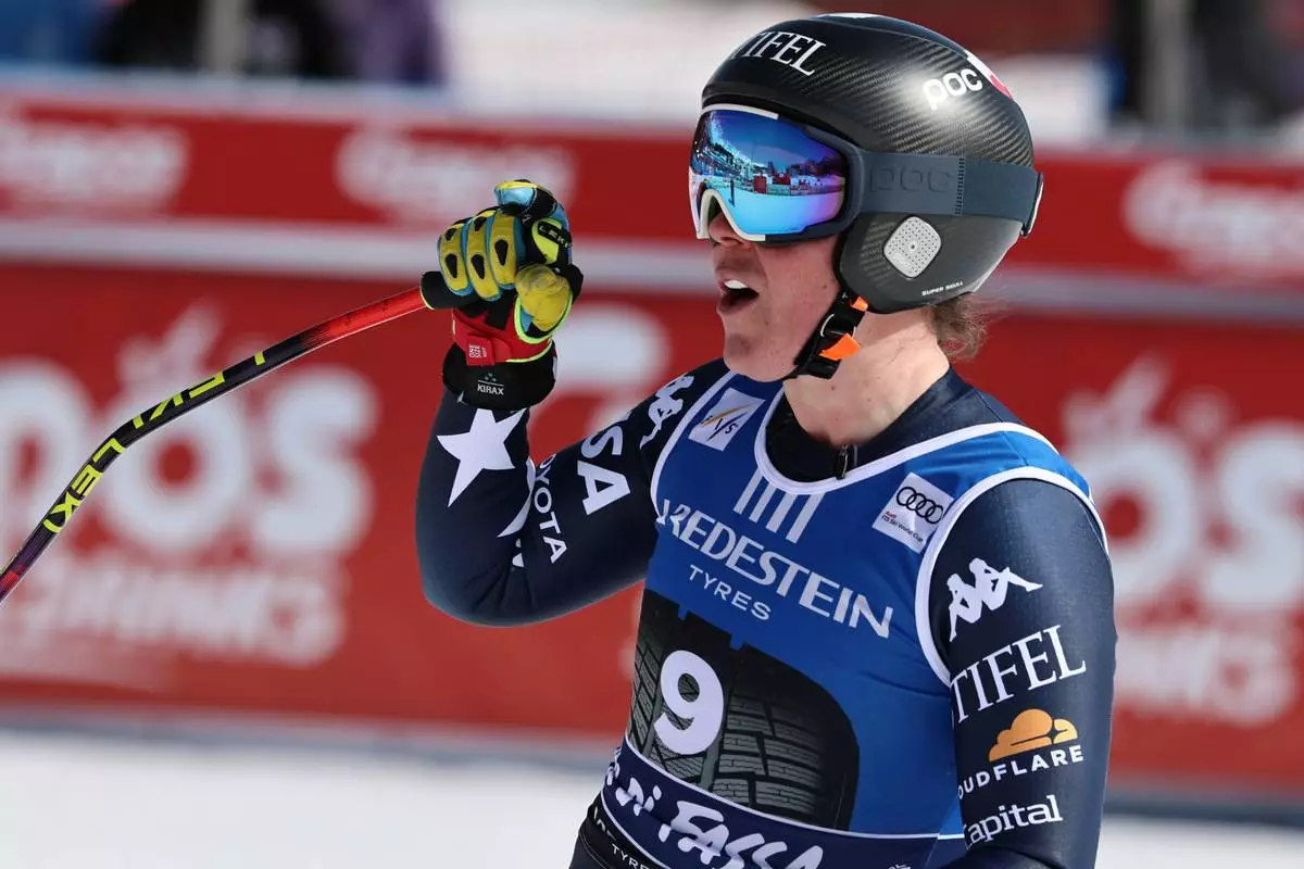 United States' Breezy Johnson celebrates at the finish area of an alpine ski, women's World Cup downhill, in Val di Fassa, Italy, Friday, March 6, 2026. (AP Photo/Marco Trovati) CORRECTION: Date corrected to March 6, instead of February 27.
