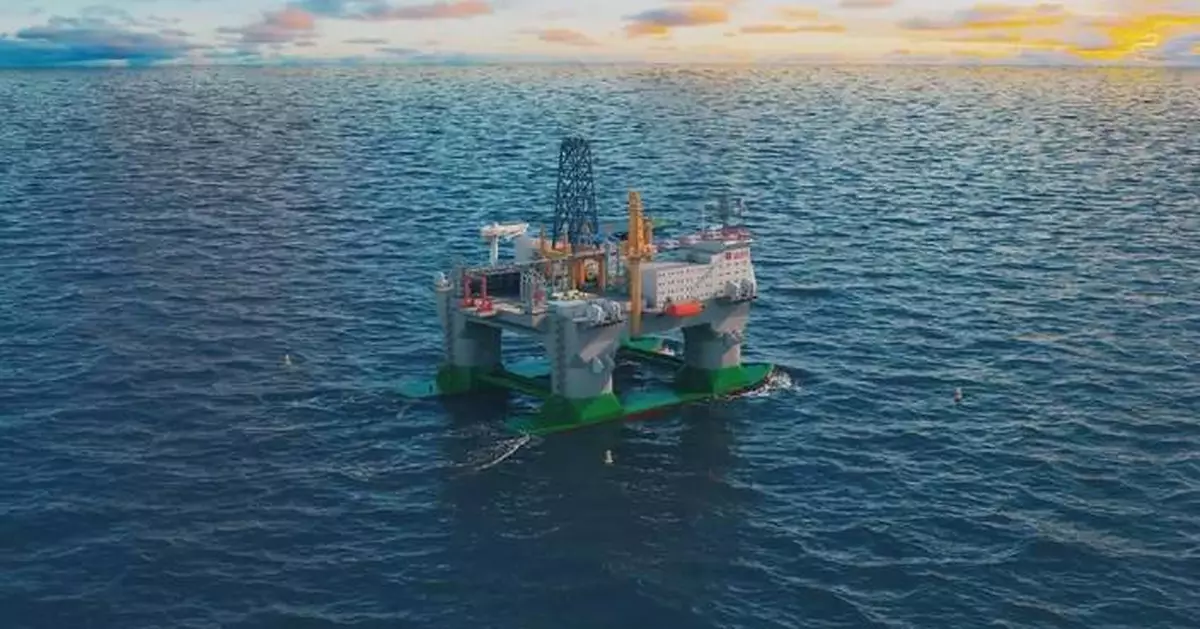 Artist's rendering of the Open-Sea Floating Island in operation, conducting deep-sea tests and research.