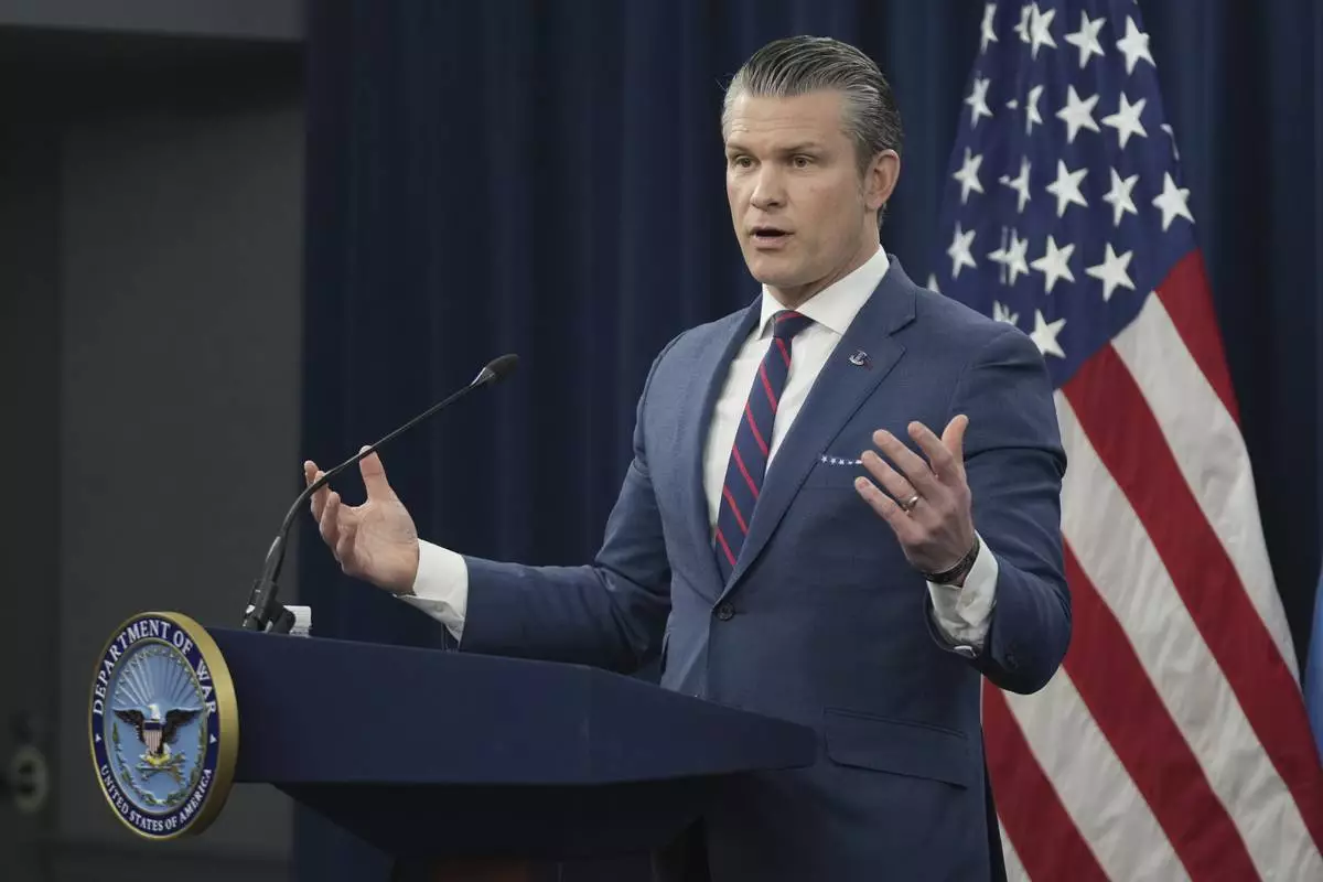 Defense Secretary Pete Hegseth speaks during a press briefing at the Pentagon, Monday, March 2, 2026, in Washington. (AP Photo/Mark Schiefelbein)