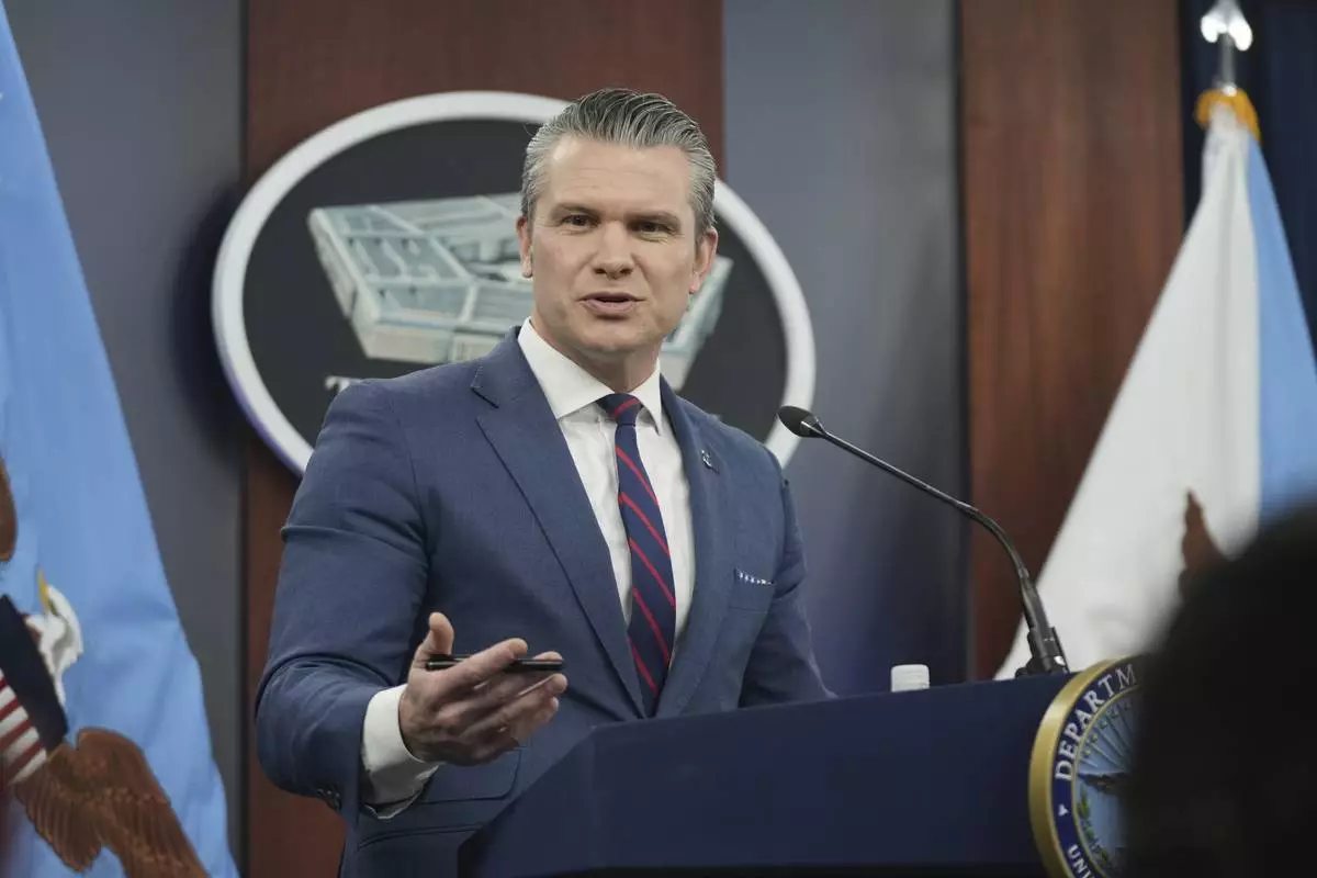 Defense Secretary Pete Hegseth speaks during a press briefing at the Pentagon, Monday, March 2, 2026, in Washington. (AP Photo/Mark Schiefelbein)