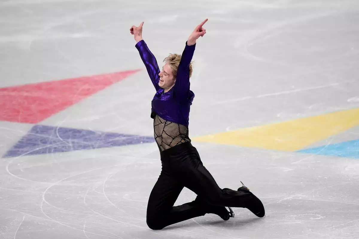 Aleksandr Selevko from Estonia competes during the men's short program at the Figure Skating World Championships in Prague, Czech Republic, Thursday, March 26, 2026. (AP Photo/Petr David Josek)