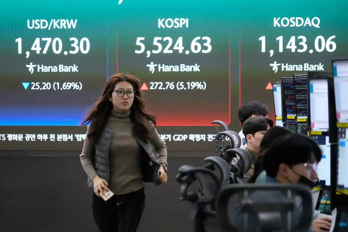 A currency trader passes by a screen showing the Korea Composite Stock Price Index (KOSPI), rear center, and the foreign exchange rate between U.S. dollar and South Korean won, rear left, at the foreign exchange dealing room of the Hana Bank headquarters in Seoul, South Korea, Tuesday, March 10, 2026. (AP Photo/Ahn Young-joon)