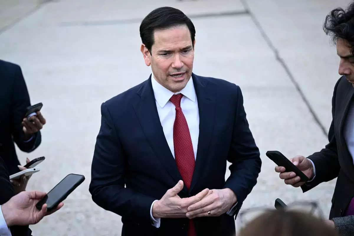US Secretary of State Marco Rubio speaks to the press following a G7 Foreign Ministers' meeting with Partner Countries at the Bourget airport in Le Bourget, outside Paris, Friday, March 27, 2026. (Brendan Smialowski/Pool Photo via AP)