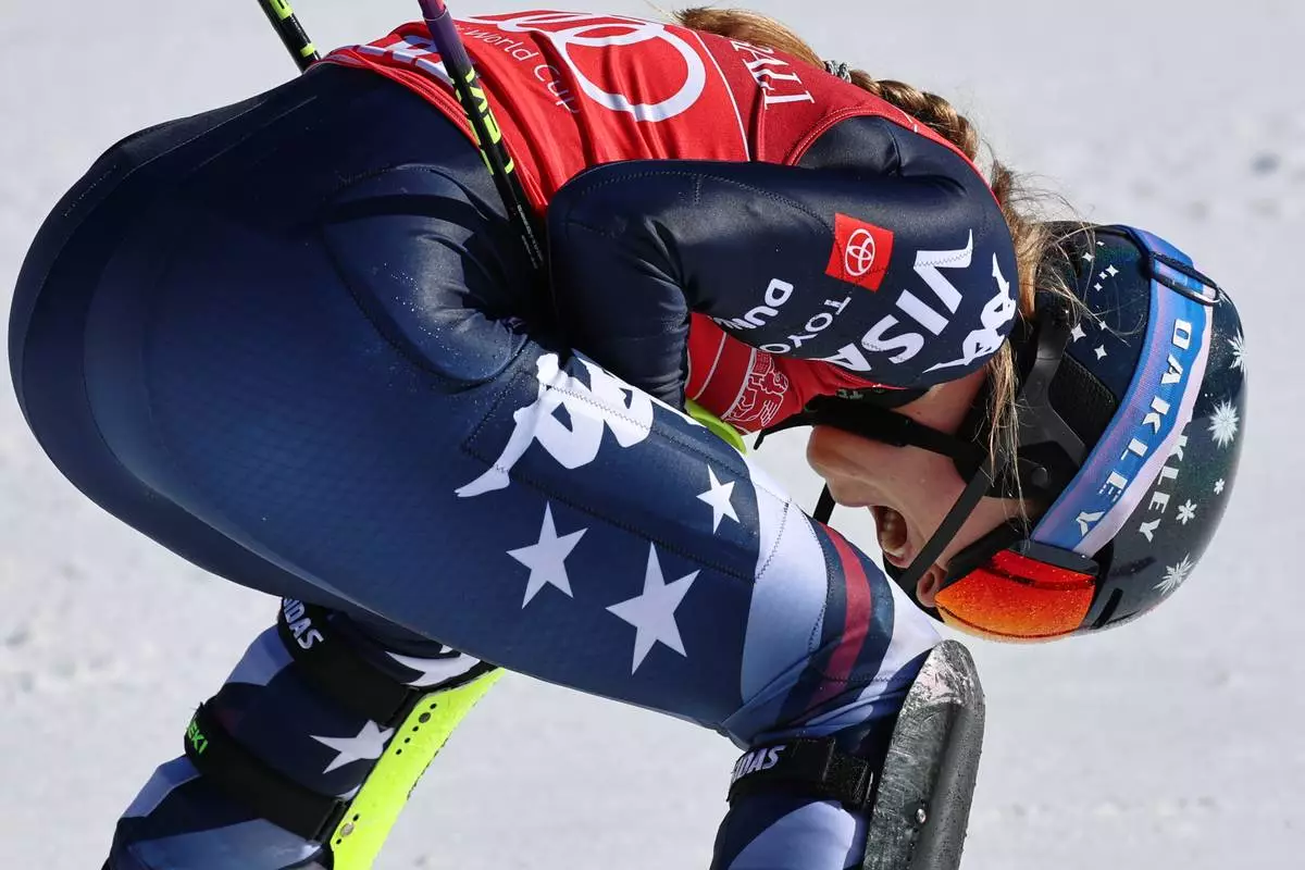 United States' Mikaela Shiffrin reacts after winning an alpine ski, women's World Cup slalom, in Are, Sweden, Sunday, March 15, 2026. (AP Photo/Marco Trovati)