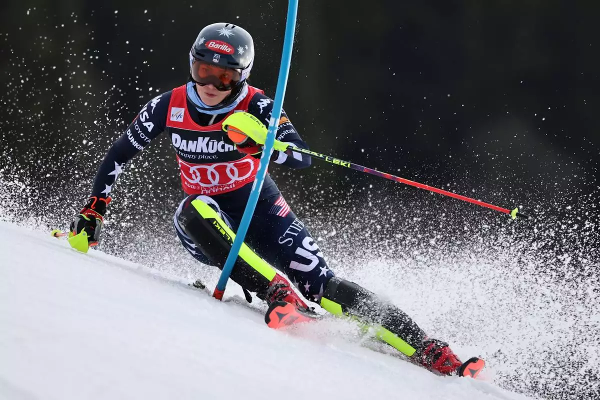 United States' Mikaela Shiffrin competes in an alpine ski, women's slalom race, at the Lillehammer World Cup Finals, in Hafjell, Norway, Tuesday, March 24, 2026. (AP Photo/Marco Trovati)